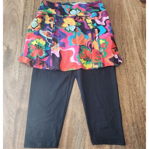 Dona Jo Skirted Capri Leggings Womens Medium Multicolor Floral Pockets Athletic - Picture 1 of 12